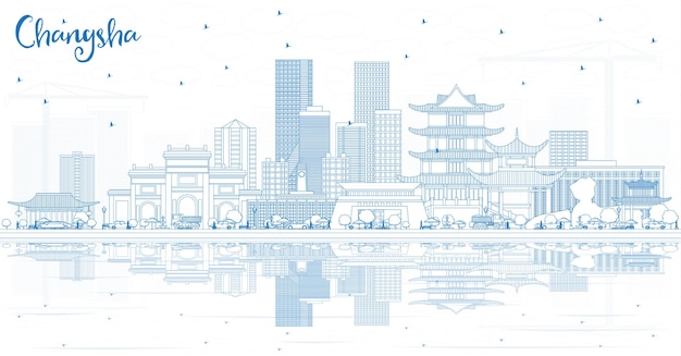 Vettore profilo dello skyline della città di changsha in cina con edifici blu e riflessi. illustrazione di vettore. viaggi d'affari e concetto di turismo con architettura moderna. paesaggio urbano di changsha con punti di riferimento.