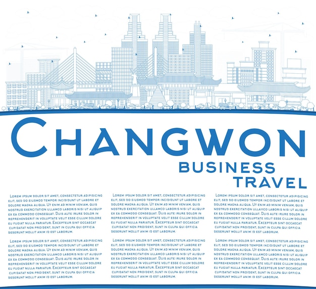 Очертания горизонта города чангвон, южная корея, с голубыми зданиями и векторной иллюстрацией копировального пространства