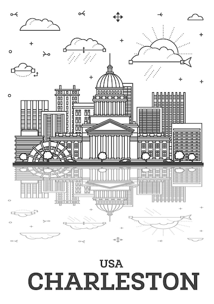 Vettore contorno di charleston west virginia usa skyline della città con edifici moderni e riflessi isolati su illustrazione bianca charleston cityscape con punti di riferimento