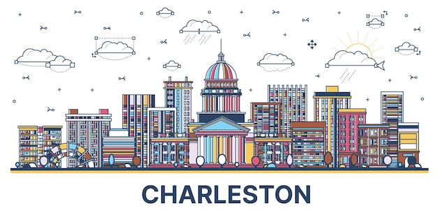 Очертания города чарльстон, западная вирджиния, сша, с современными цветными зданиями, изолированными на белом