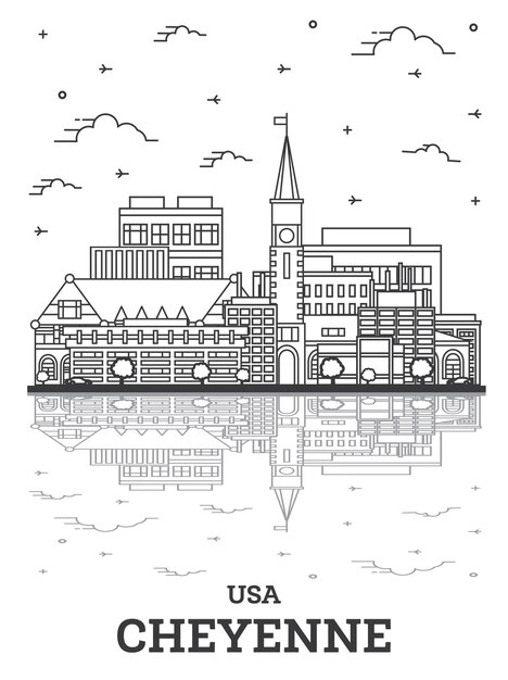 Очертания горизонта города Шайенн, Вайоминг, США, с современными зданиями и отражениями, изолированными на белом