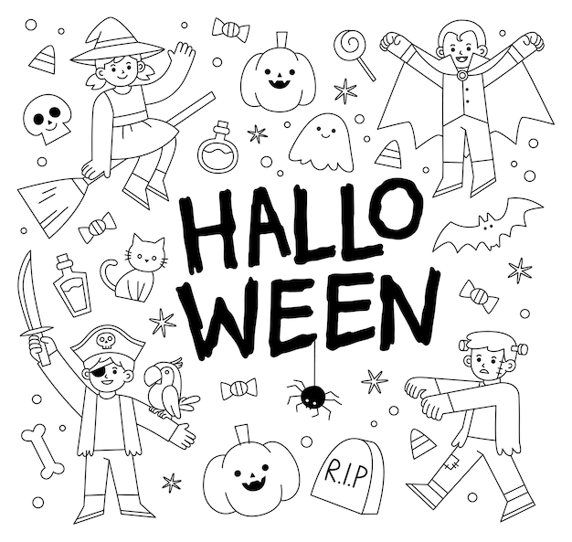 Outline of Children in Halloween fancy dress for Trick or Treating. Template for advertising brochure. Happy Halloween Concept.