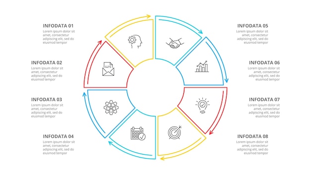 Outline circle diagram Infographic with 8 options parts steps or processes