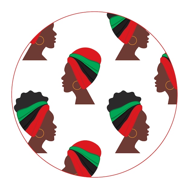 さまざまな方向を向いたアフリカの女性のプロフィールからのパターンを持つアウトライン円形状