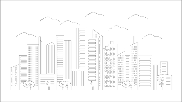 建物、高層ビル、木、雲を使った都市景観のスカイラインのコンセプトの概要を説明します。