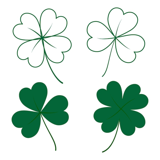 Vector outline and color drawn tree leaf and four leaf clover in trendy green st patrick greeting element