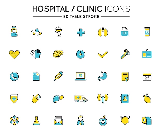 벡터 개요 다채로운 아이콘 설정 병원 클리닉 및 의료 편집 가능한 스트로크 벡터