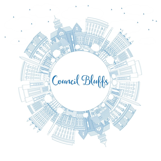 Наброски Скайлайн Совета Блефс Айовы с синими зданиями и копией пространства. Векторные иллюстрации. Деловые поездки и туризм иллюстрация с исторической архитектурой.