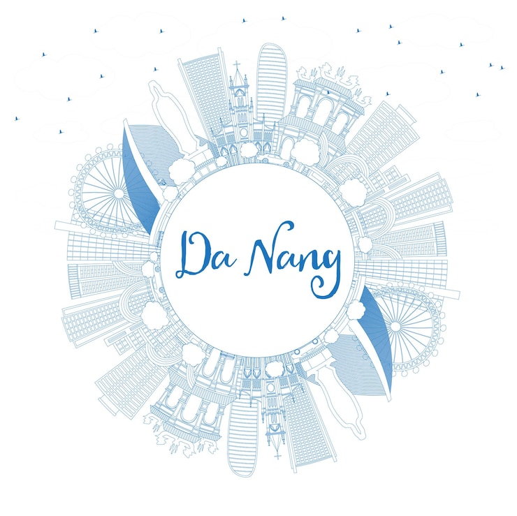 Vector outline da nang vietnam city skyline with blue buildings and copy space. vector illustration. business travel and tourism concept with modern architecture. da nang cityscape with landmarks.