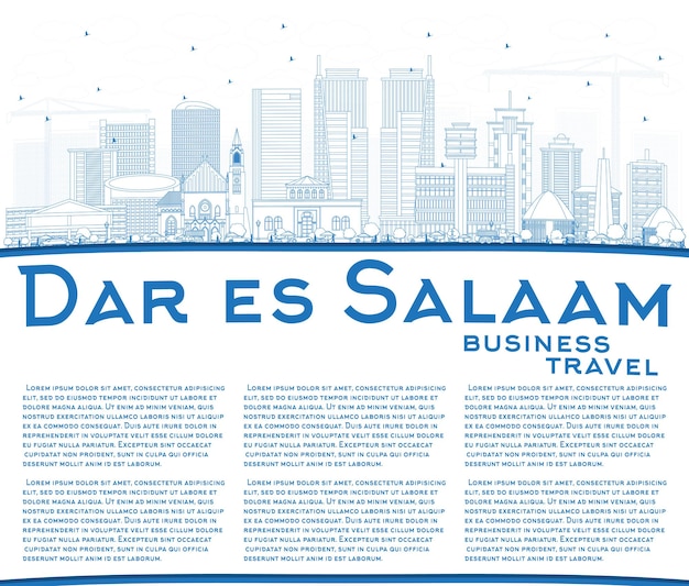 青い建物とコピースペースのあるダルエスサラームタンザニアの街並みの概要を説明します。ベクトルイラスト。近代建築とビジネス旅行と観光の概念。