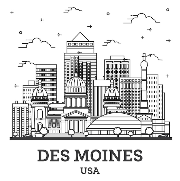 Очертания горизонта города Де-Мойн, штат Айова, с цветными современными зданиями, изолированными на белом