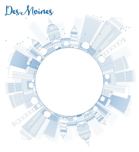 Outline Des Moines Skyline with Blue Buildings and copy space