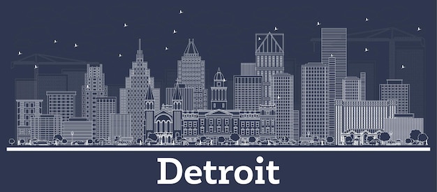 Delineare lo skyline della città di detroit michigan con edifici bianchi