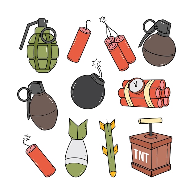 Outline doodle bomb and grenade objects sketch hand drawn vector graphic