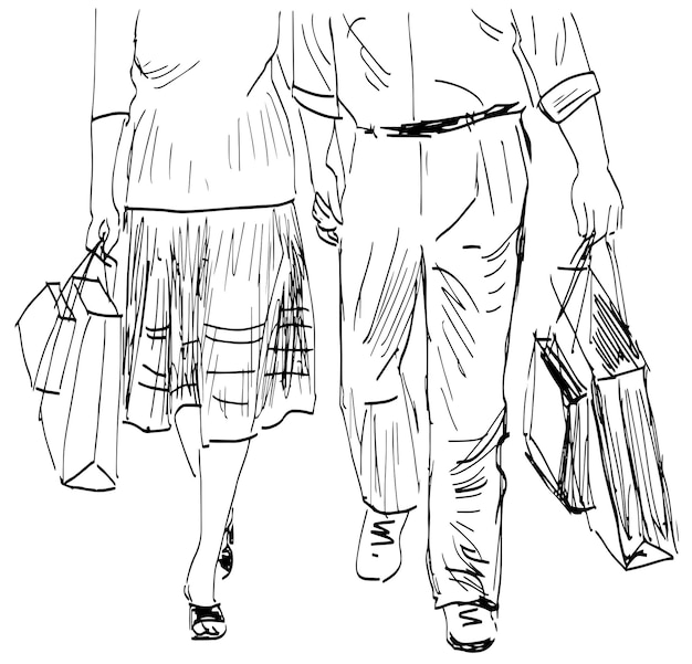 Outline doodle drawing of couple townspeople walking with shopping bags outdoors