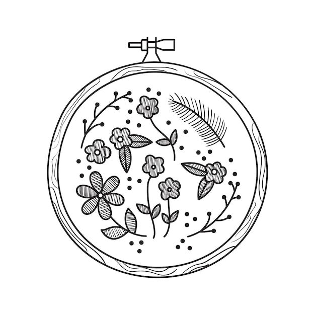 Outline doodle illustration of wooden embroidery hoop with floral ornament Hand drawn needlework