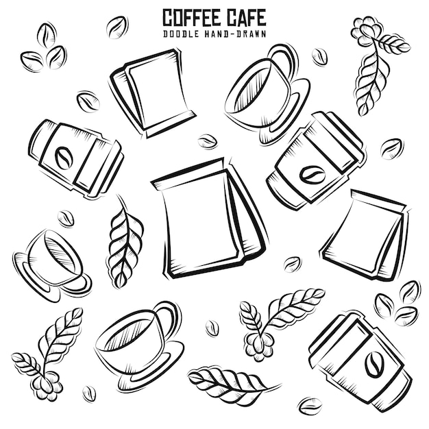 Outline doodle pattern with coffee cups, bean, leaves, and packaging vector