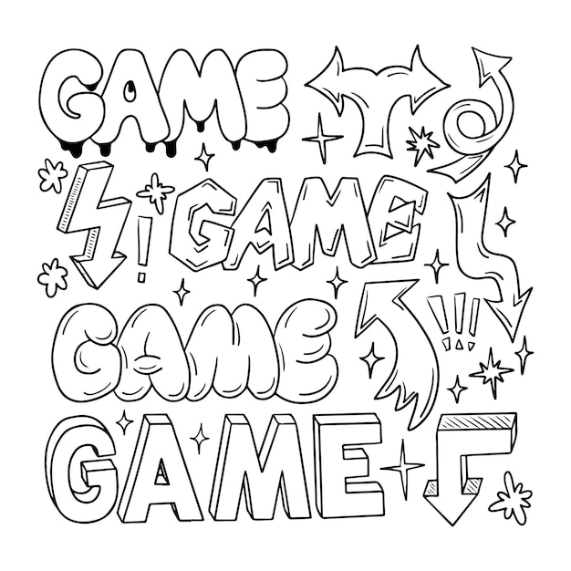 Outline doodle set with word game and arrows