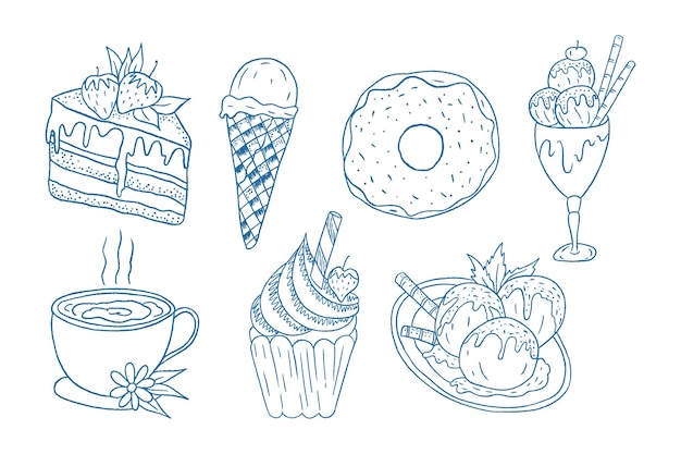 Contorno doodle snack cibo illustrazione collezione libro da colorare