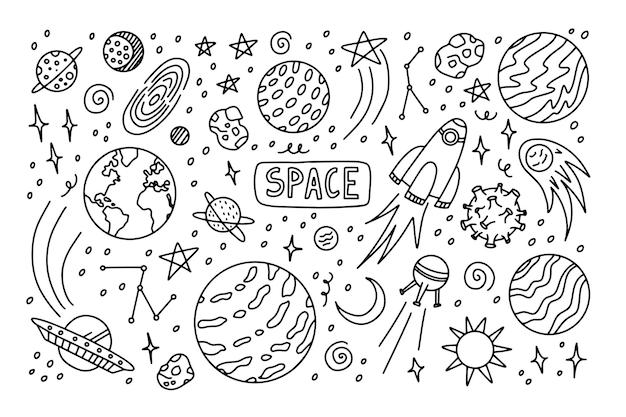 Outline doodle space draw elements Vector line illustration