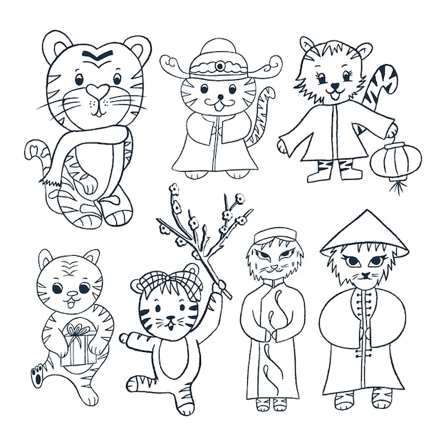 Outline Doodle Tigers Collection for Kids Educational Coloring Book