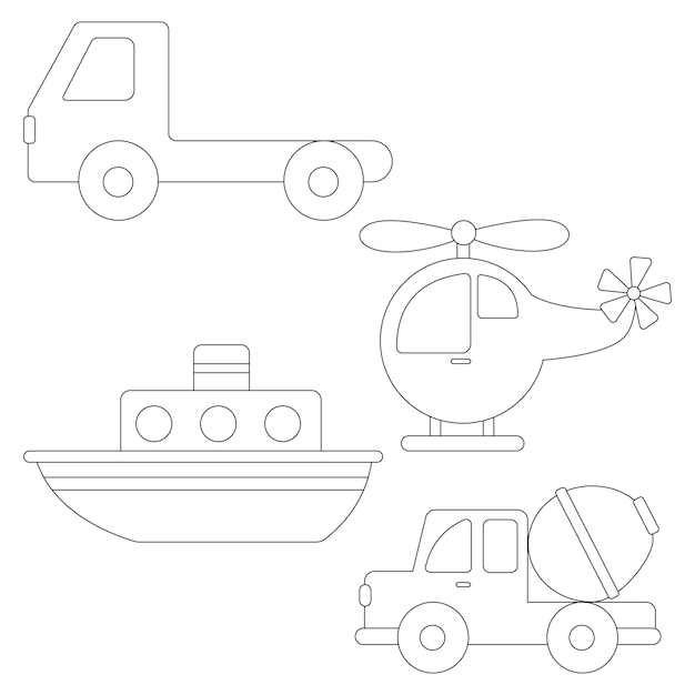 Vector outline doodle transportation clipart collection in cartoon style for kids and children includes 4 v