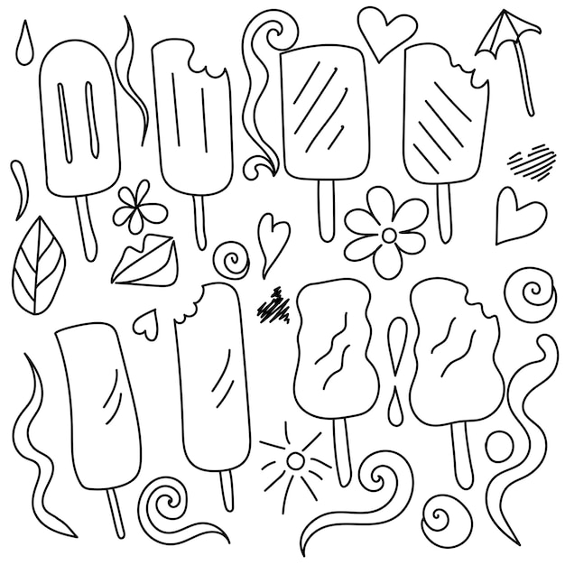 Vector outline doodle vector set of stick ice cream and many cute elements for design