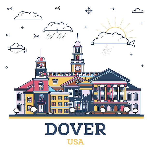 Vettore skyline della città di dover delaware con edifici moderni e storici colorati isolati sul bianco dover usa paesaggio urbano con punti di riferimento