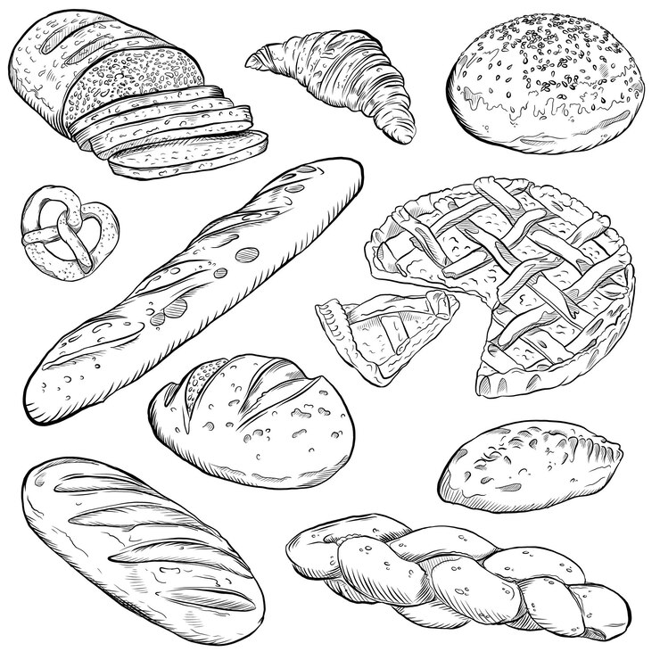 Outline drawing of bakery products