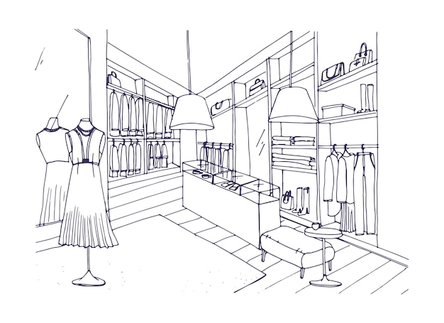 Vector outline drawing of fashionable clothing shop interior with furnishings, showcases, mannequins dressed in stylish apparel