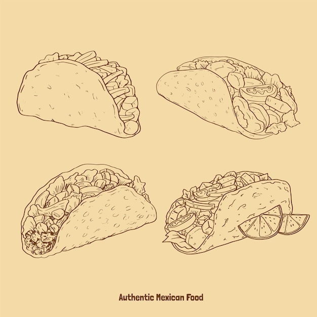 Vector outline drawing illustration of tacos authentic mexican food