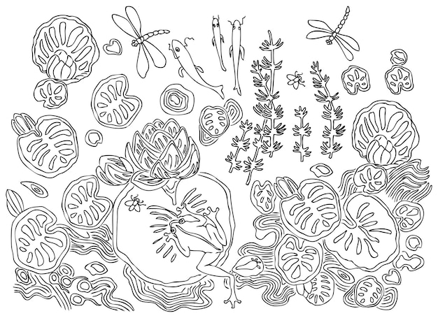 Vector outline drawing of ornamental plants and animals living in a forest lake