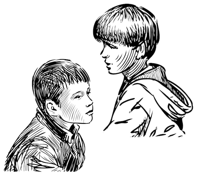 Outline drawings of heads two casual teen boys