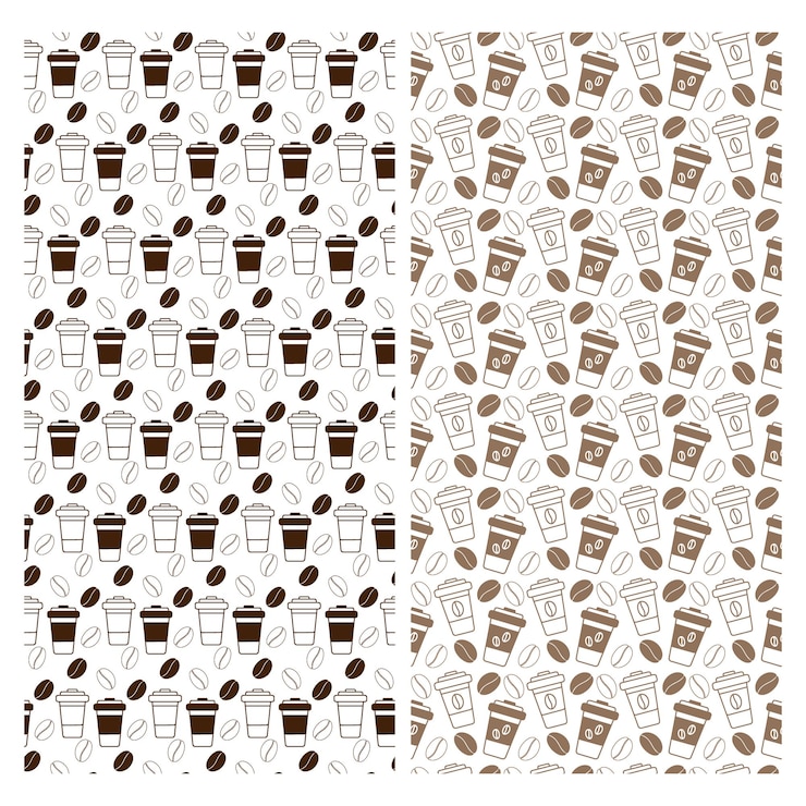 Vector outline drawn disposable cups and coffee beans in trendy monochrome brown seamless pattern set of 2