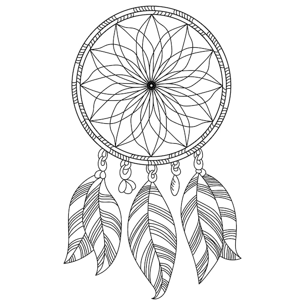 Vector outline dreamcatcher with five air feathers and beads zen anti stress coloring page