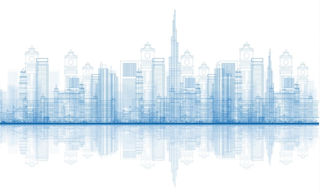 Outline Dubai City Skyscrapers Skyline with Reflections. Vector Illustration.