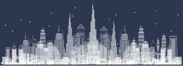 Profilo dello skyline di dubai con i grattacieli della città. vista frontale attraverso gli edifici. illustrazione di vettore. viaggi d'affari e concetto di turismo con architettura moderna.