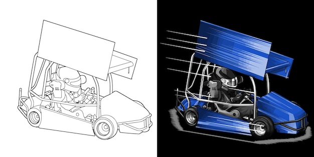 Vector outline en geschilderde raceauto geïsoleerd in zwarte achtergrond voor t-shirt design asfalt auto auto