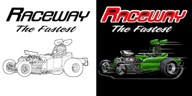 Vector outline en geschilderde raceauto geïsoleerd in zwarte achtergrond voor t-shirt design print en voor busi