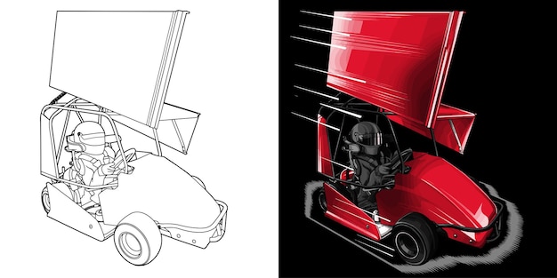 Outline en geschilderde raceauto geïsoleerd in zwarte achtergrond voor t-shirtontwerp