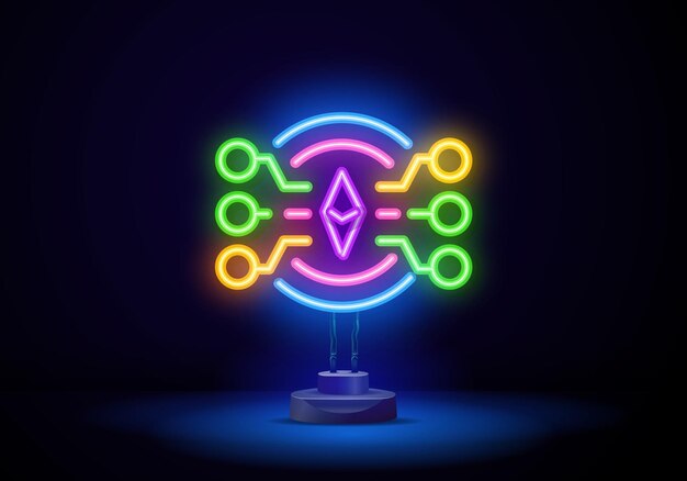 Outline Ethereum neon icoon Glowing neon ethereum teken cryptocurrency logo in levendige kleuren