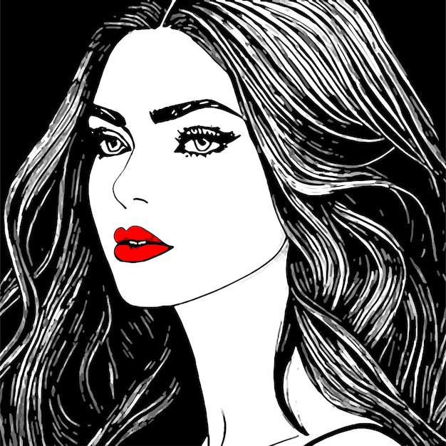 Vector outline face with red lips