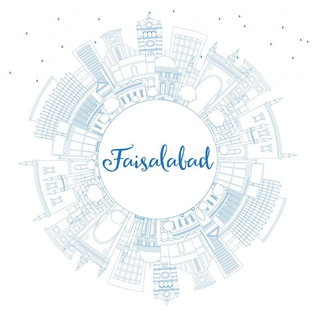 Outline Faisalabad Pakistan City Skyline with Blue Buildings and Copy Space. Vector Illustration. Business Travel and Tourism Concept with Modern Architecture. Faisalabad Cityscape with Landmarks.