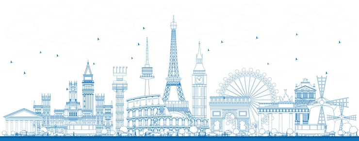 Vector ヨーロッパの有名なランドマークの概要を説明します。ベクトルイラスト。出張と観光の概念。プレゼンテーション、バナー、プラカード、webサイトの画像