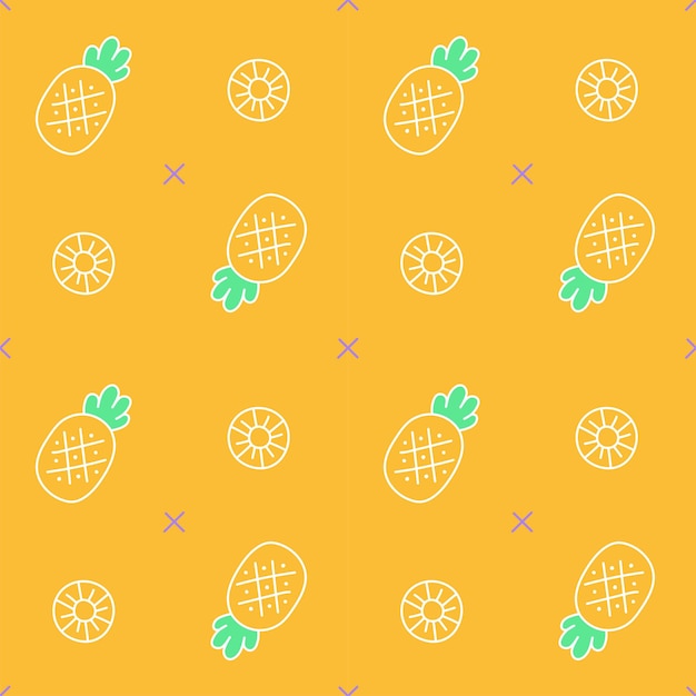 Outline flat minimal pineapple vector pattern design yellow background editable stroke cartoon