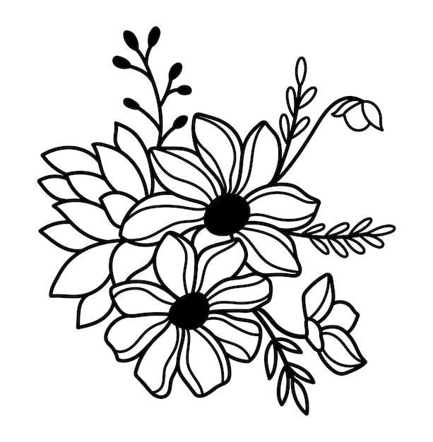 Outline floral bouquet Line art wildflowers bouquet vector illustration