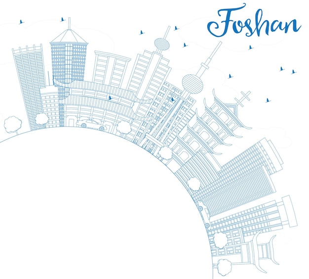 Outline Foshan Skyline with Blue Buildings and Copy Space. Vector Illustration. Business Travel and Tourism Concept with Modern Architecture. Image for Presentation Banner Placard and Web Site.