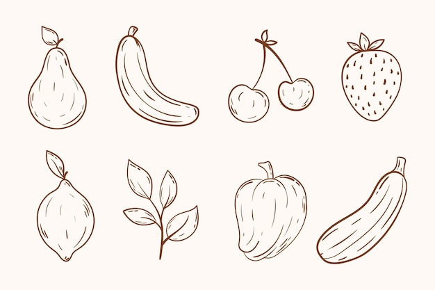 Outline fruit en groenten collectie hand tekenen doodle fruit en groente icoon set