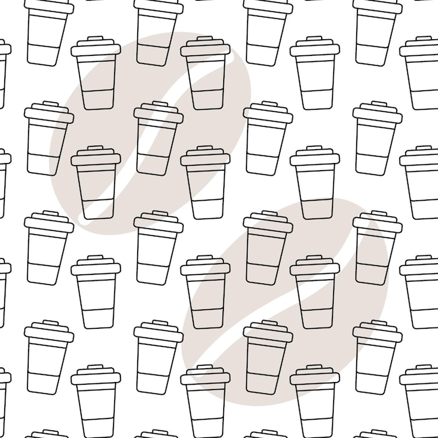 Outline getekend wegwerp koffiekop naadloos patroon op een koffiebonen achtergrond abstracte achtergrond
