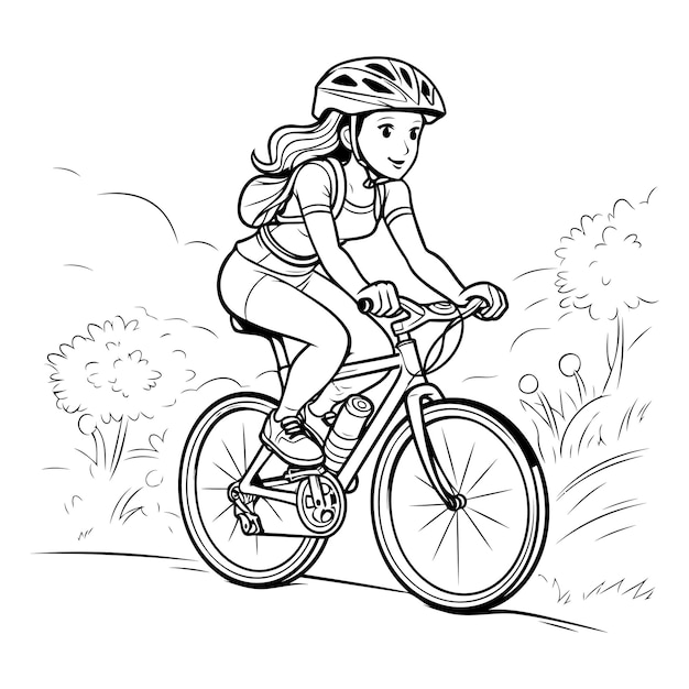 Outline of a girl riding a bicycle in the park Vector illustration